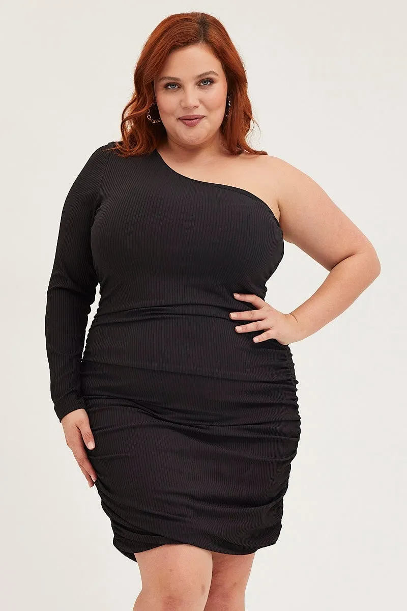 Maternity Look Vibrant Look Black Bodycon Dress One Shoulder Long Sleeve Jersey