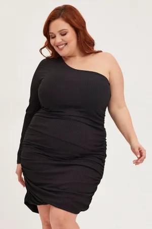 Copper Glow Sophisticated Design Black Bodycon Dress One Shoulder Long Sleeve Jersey