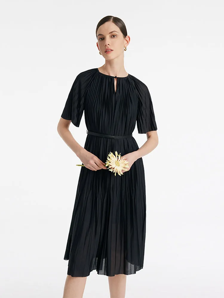 Pleated Round Neck Women Midi Dress With Leather Belt Day To Night Sunset Glow
