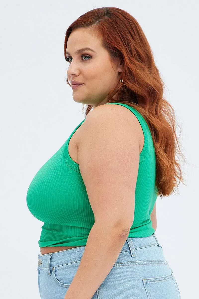 Flexible Waistline Green Crew Neck Sleeveless Seamless Tank Top