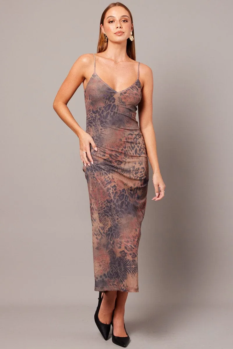 With its elegant design this maxi dress can be styled for a variety of events from casual to formal Sheer Layer Brown Abstract Bodycon Maxi Dress Singlet