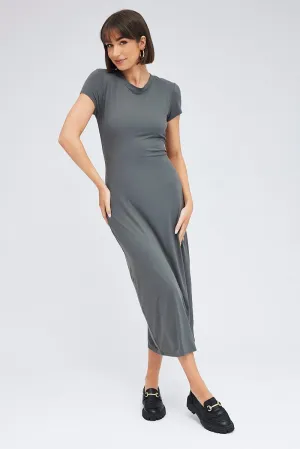 Lace Panel Grey Maxi Dress Short Sleeve Bodycon SuperSoft