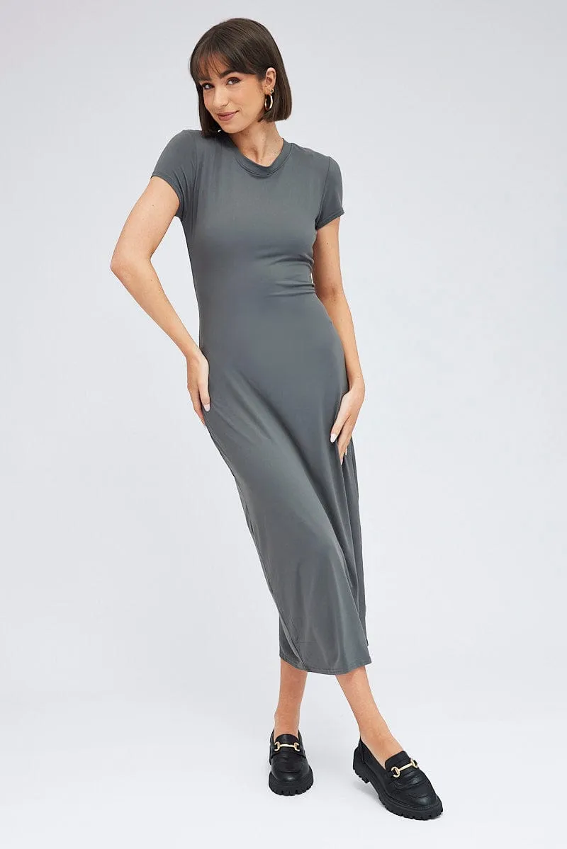 Lace Panel Grey Maxi Dress Short Sleeve Bodycon SuperSoft