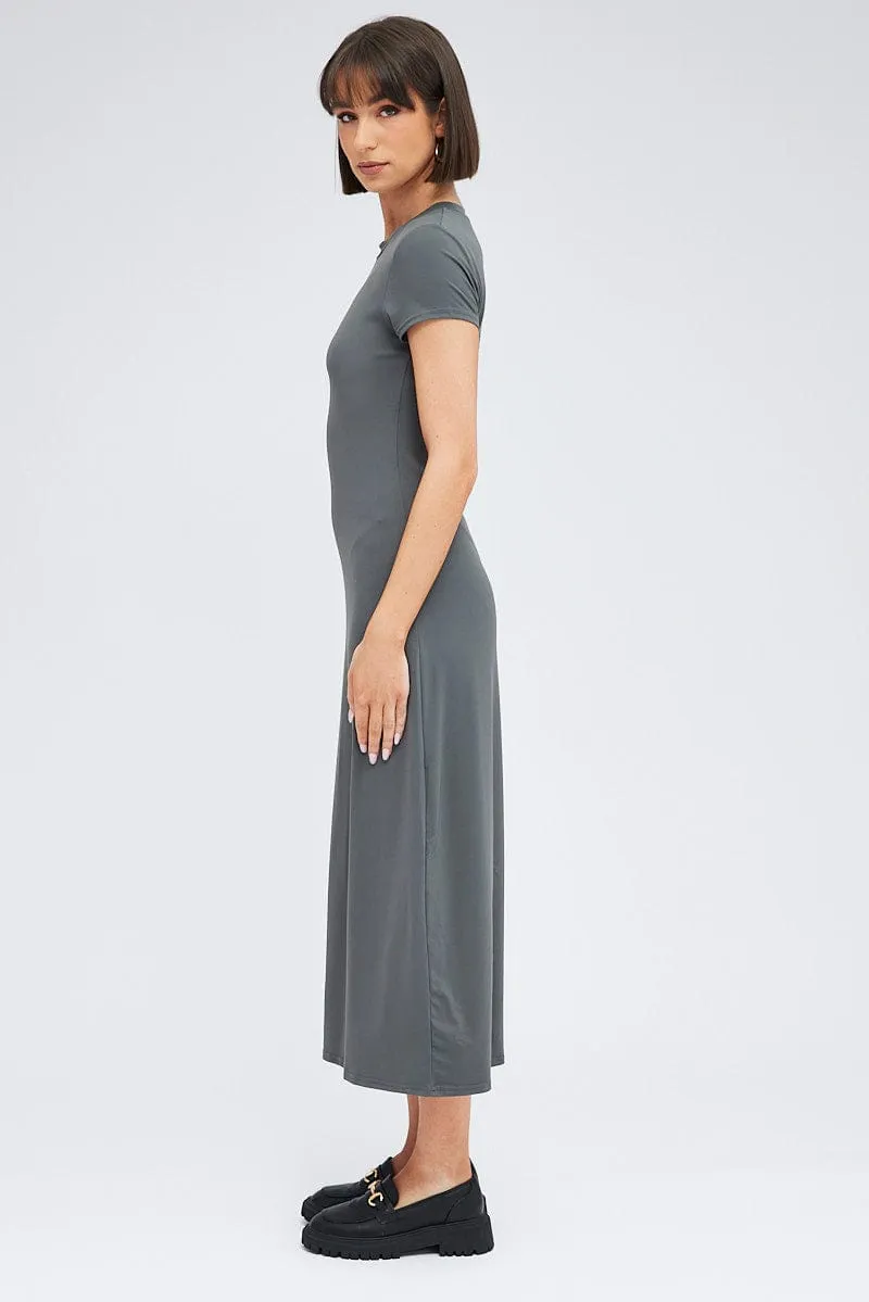 Grey Maxi Dress Short Sleeve Bodycon SuperSoft Step Glow