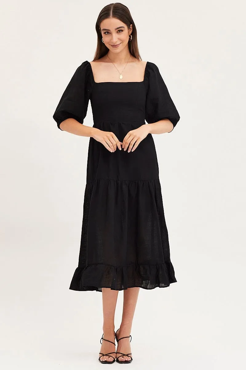 Tiered Skirt Patch Glow Black Maxi Dress Linen