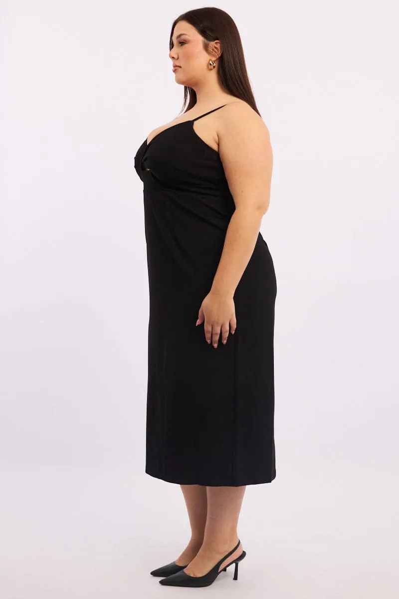 Fashionable Piece Flattering Layers Black Twist Front Fitted Midi Dress