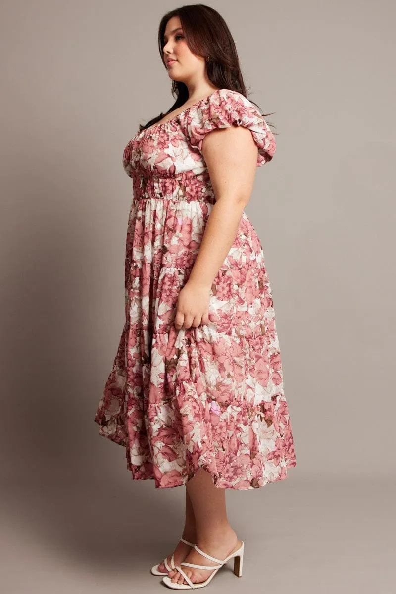 Pink Floral Midi Dress Short Sleeve Ruched Blue Hour