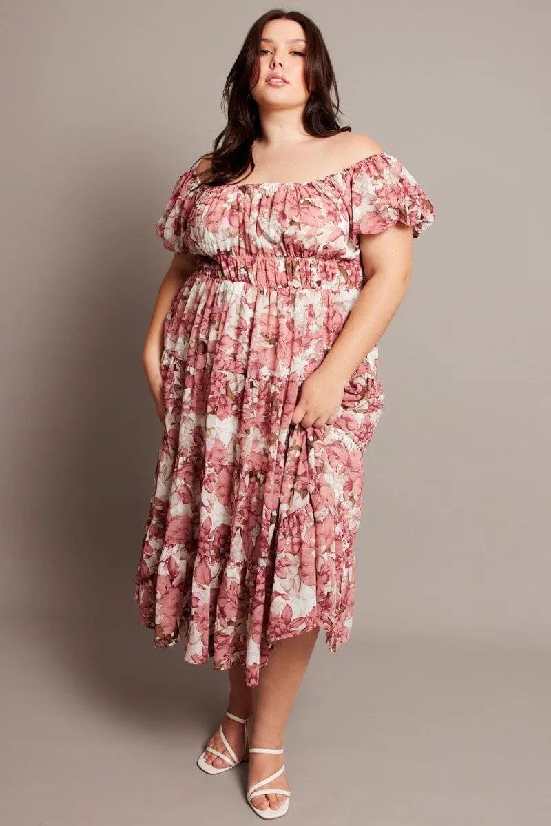 Weather Chic Classic Woman Pink Floral Midi Dress Short Sleeve Ruched