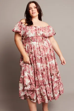 Modern Muse Pink Floral Midi Dress Short Sleeve Ruched