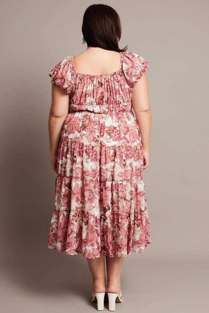 Soft Texture Pink Floral Midi Dress Short Sleeve Ruched
