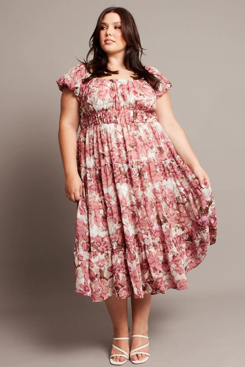 Grass Smell Pink Floral Midi Dress Short Sleeve Ruched