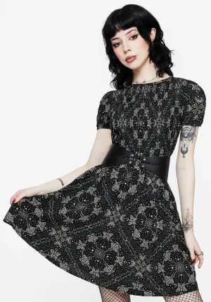 Poem Moth Print Puff Sleeve Mini Dress Oversized Pocket Non Restrictive Cut