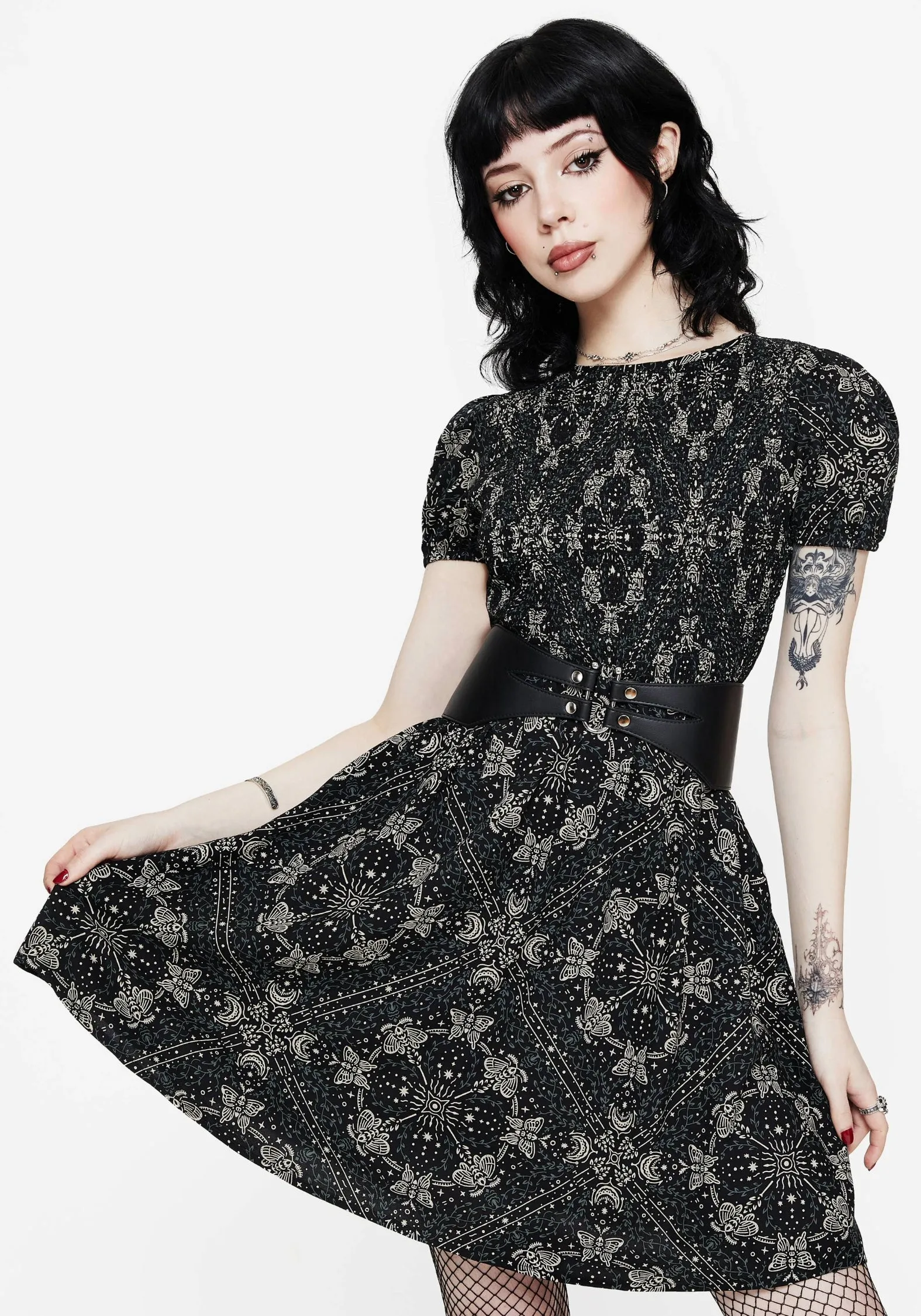 Poem Moth Print Puff Sleeve Mini Dress Oversized Pocket Non Restrictive Cut