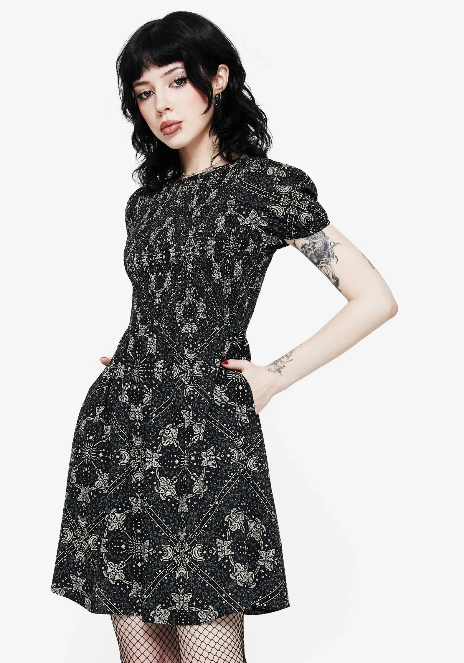 Zigzag Stitch Reinforcement Poem Moth Print Puff Sleeve Mini Dress