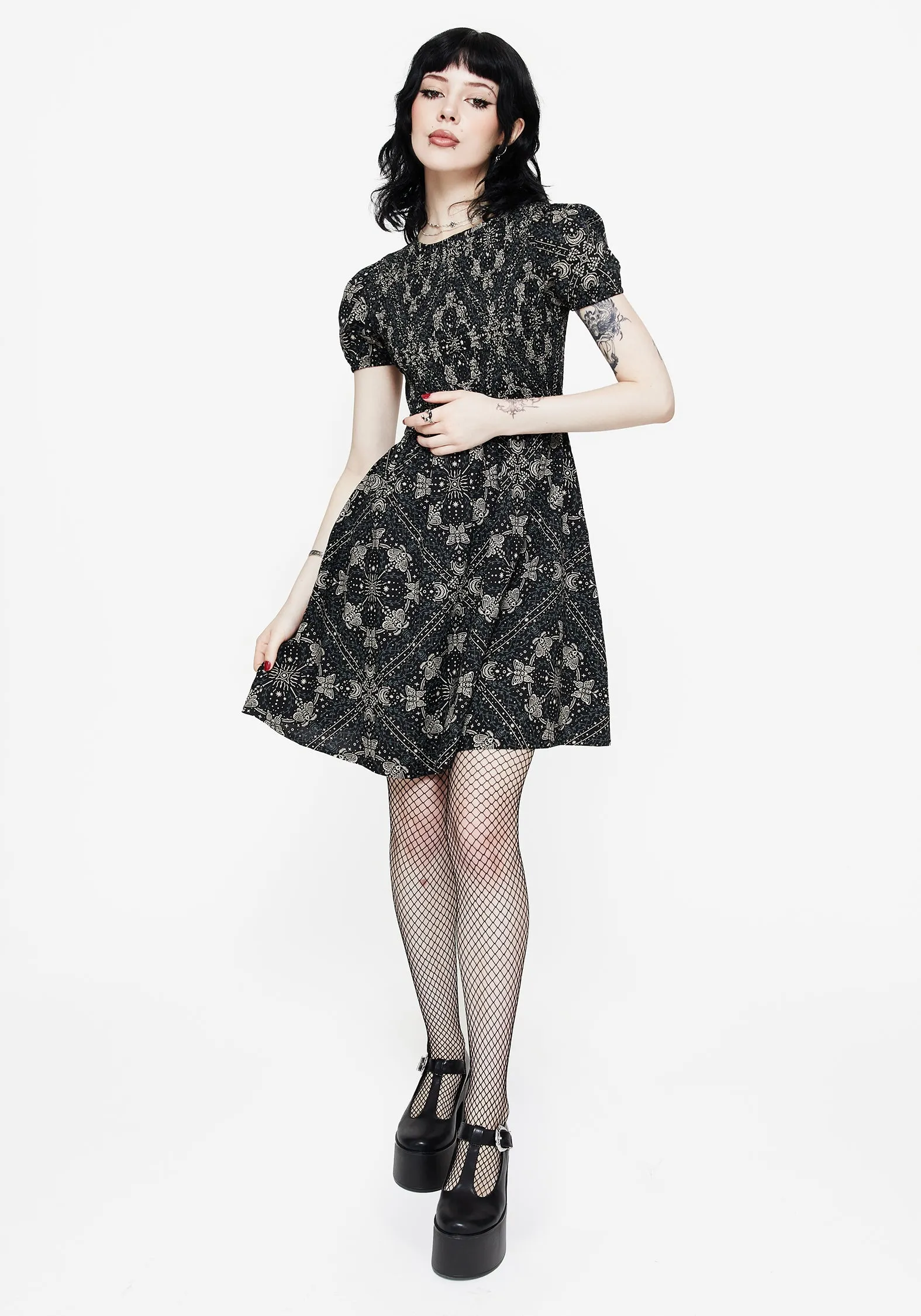 Edge Light Poem Moth Print Puff Sleeve Mini Dress