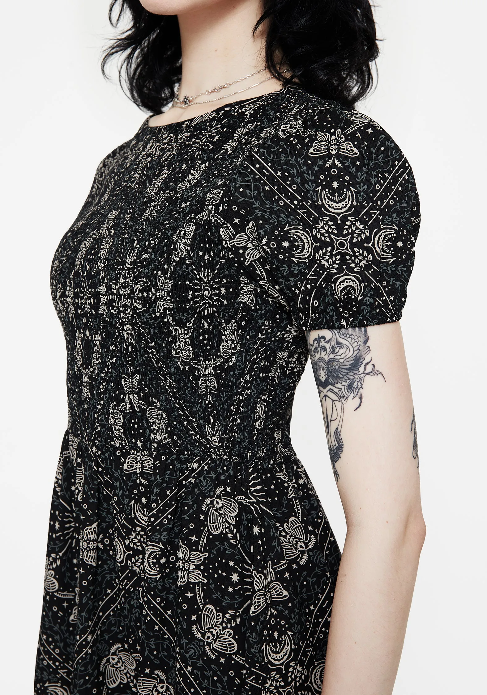 Chic Silhouette Glow Warm Poem Moth Print Puff Sleeve Mini Dress