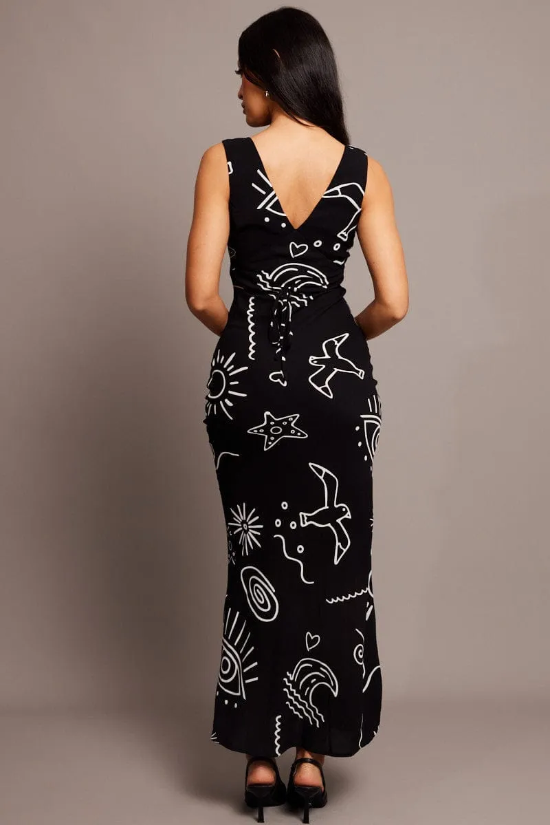 Short Sleeve Flame Glow Black Abstract Maxi Dress Plunge V Neck Dress
