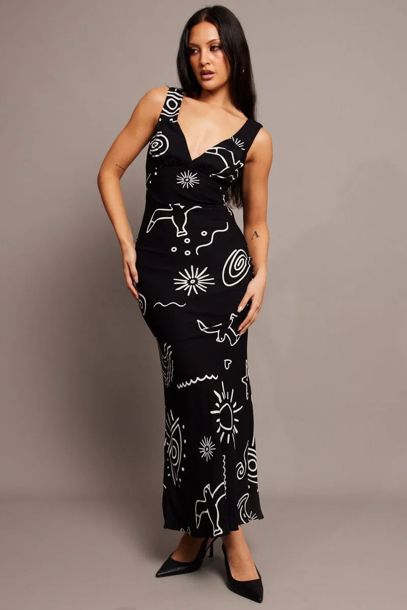 Black Abstract Maxi Dress Plunge V Neck Dress Flowing long gown Night Breeze