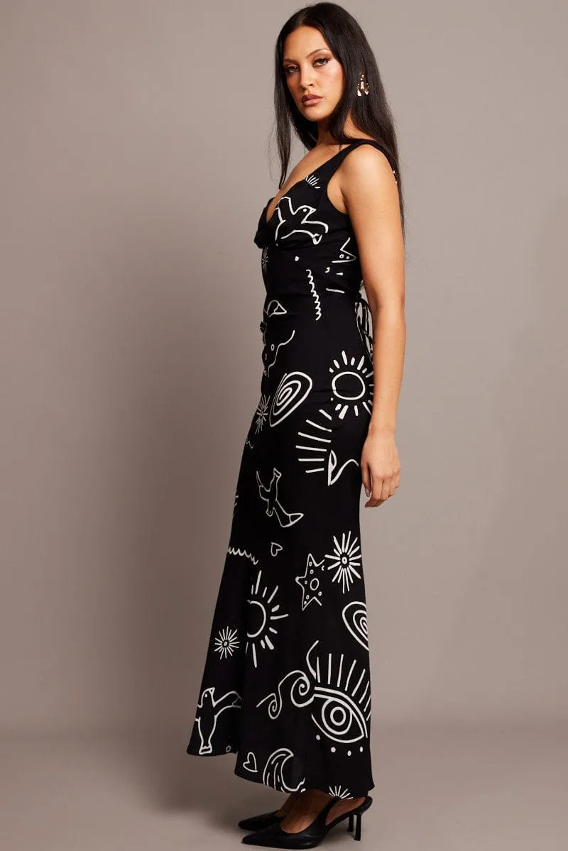 Black Abstract Maxi Dress Plunge V Neck Dress Window Glow Soft draping maxi