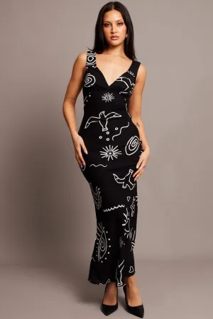 casual beachwear Black Abstract Maxi Dress Plunge V Neck Dress