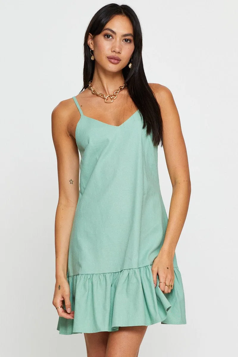 Green A Line Dress Mini V Neck Soft touch finish