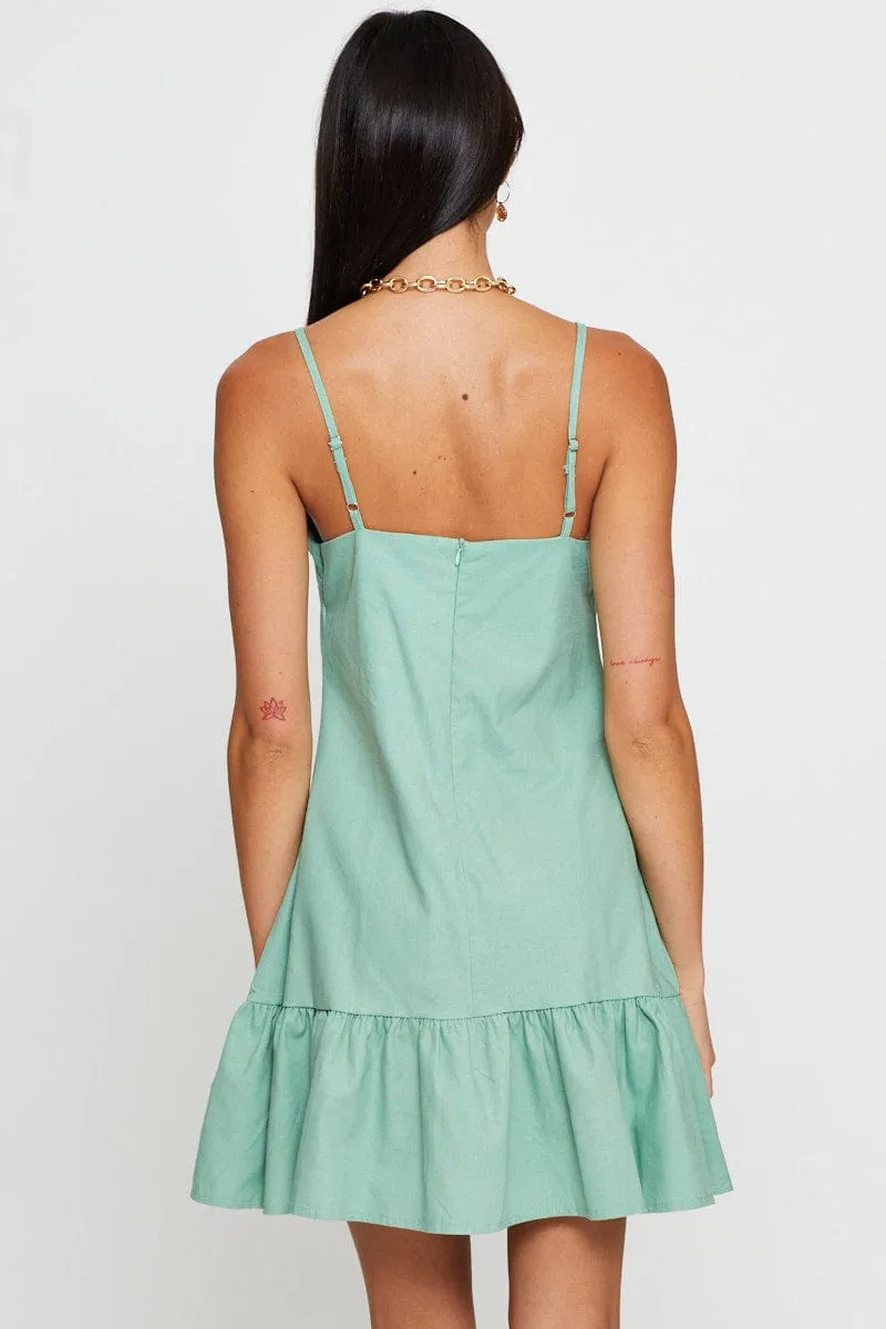 Pop Soft Green A Line Dress Mini V Neck
