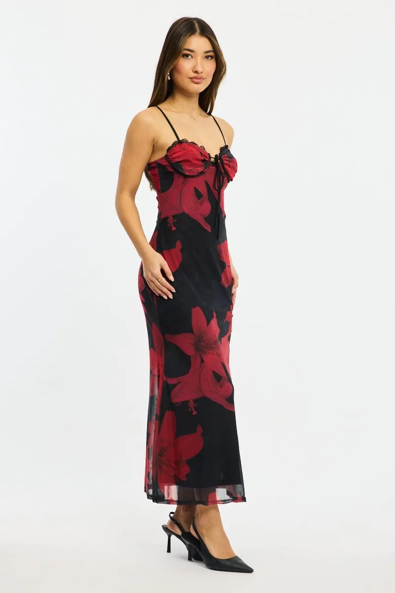 Black Ditsy Bodycon Dress Maxi Lace Panel