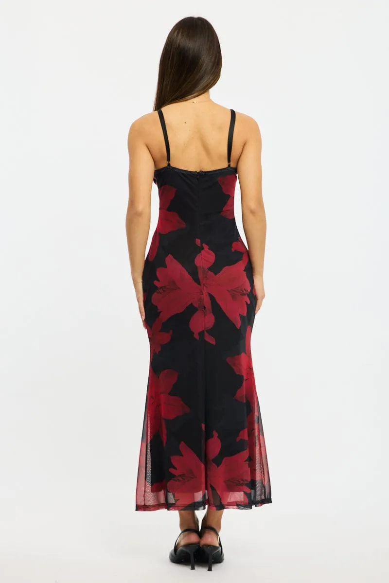 Frill Edge Metro View Black Ditsy Bodycon Dress Maxi