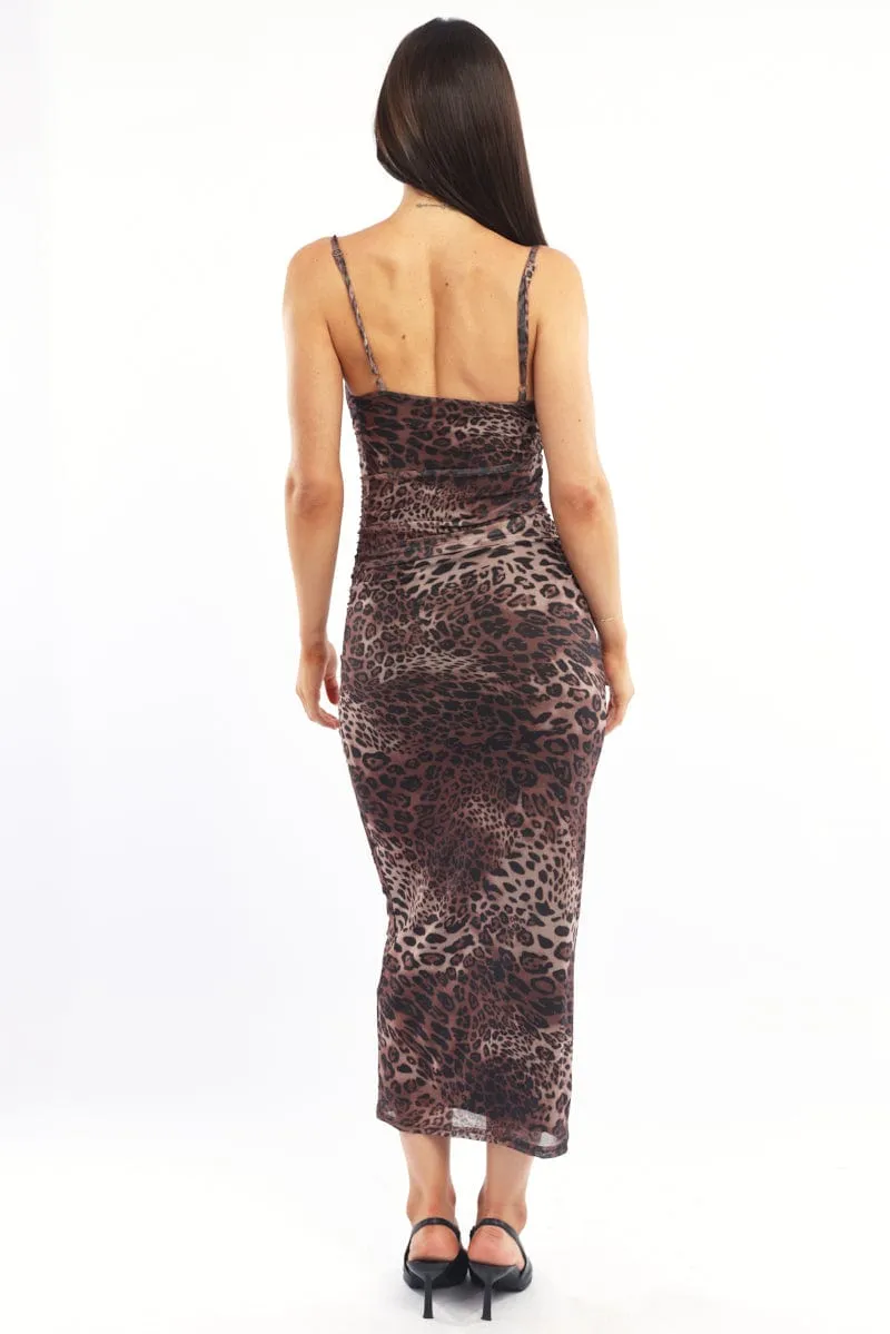 This dress offers a comfortable and elegant fit that works for both casual and formal events Brown Animal Print Bodycon Dress Maxi Mesh