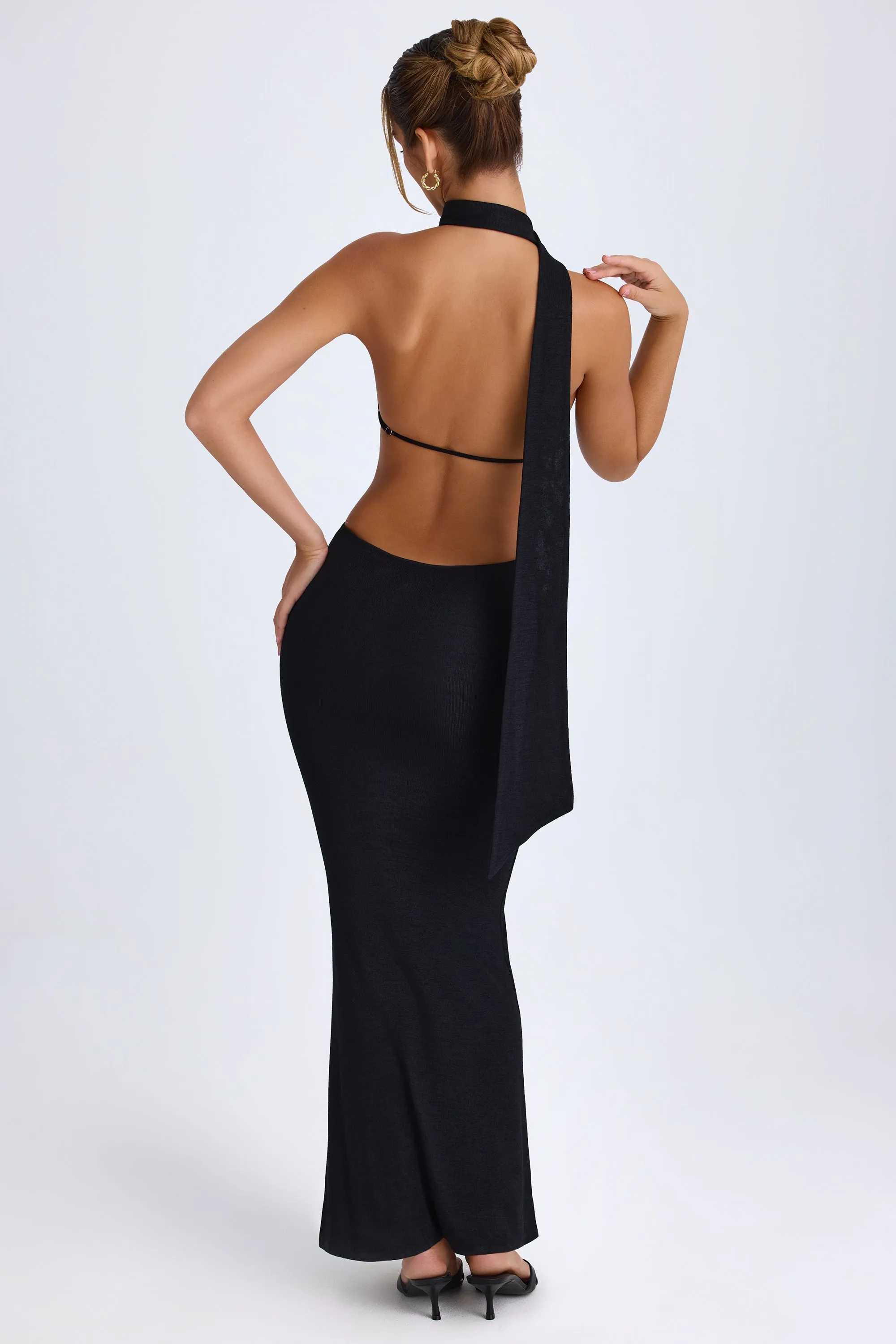 Ideal for both warm and cool weather this dress is a year-round wardrobe staple Silent Sea Scarf-Detail Cut-Out Halterneck Maxi Dress in Black