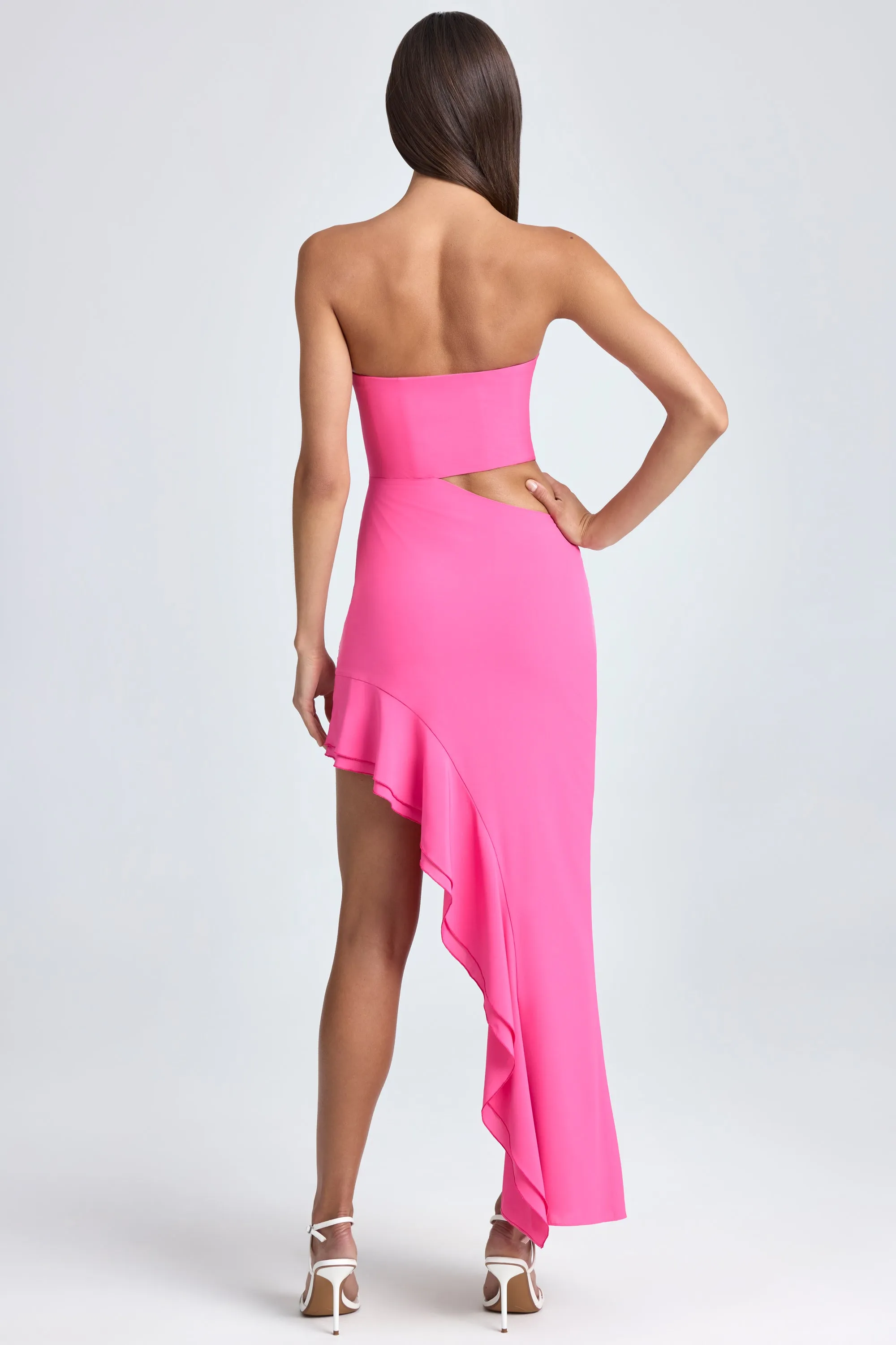 Bandeau Cut-Out Ruffle-Trim Maxi Dress in Lollipop Pink Noon Glow
