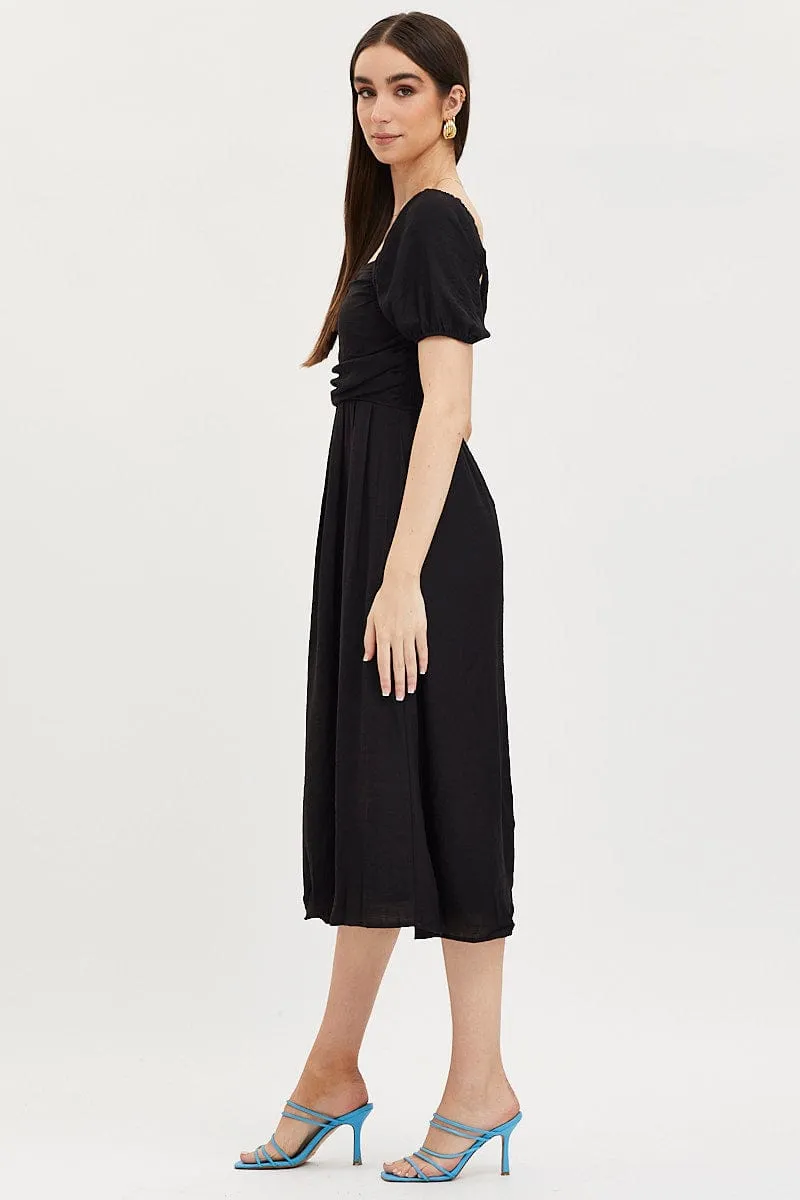 Black Midi Dress Evening Square Neck Flare Bottom Greek Touch