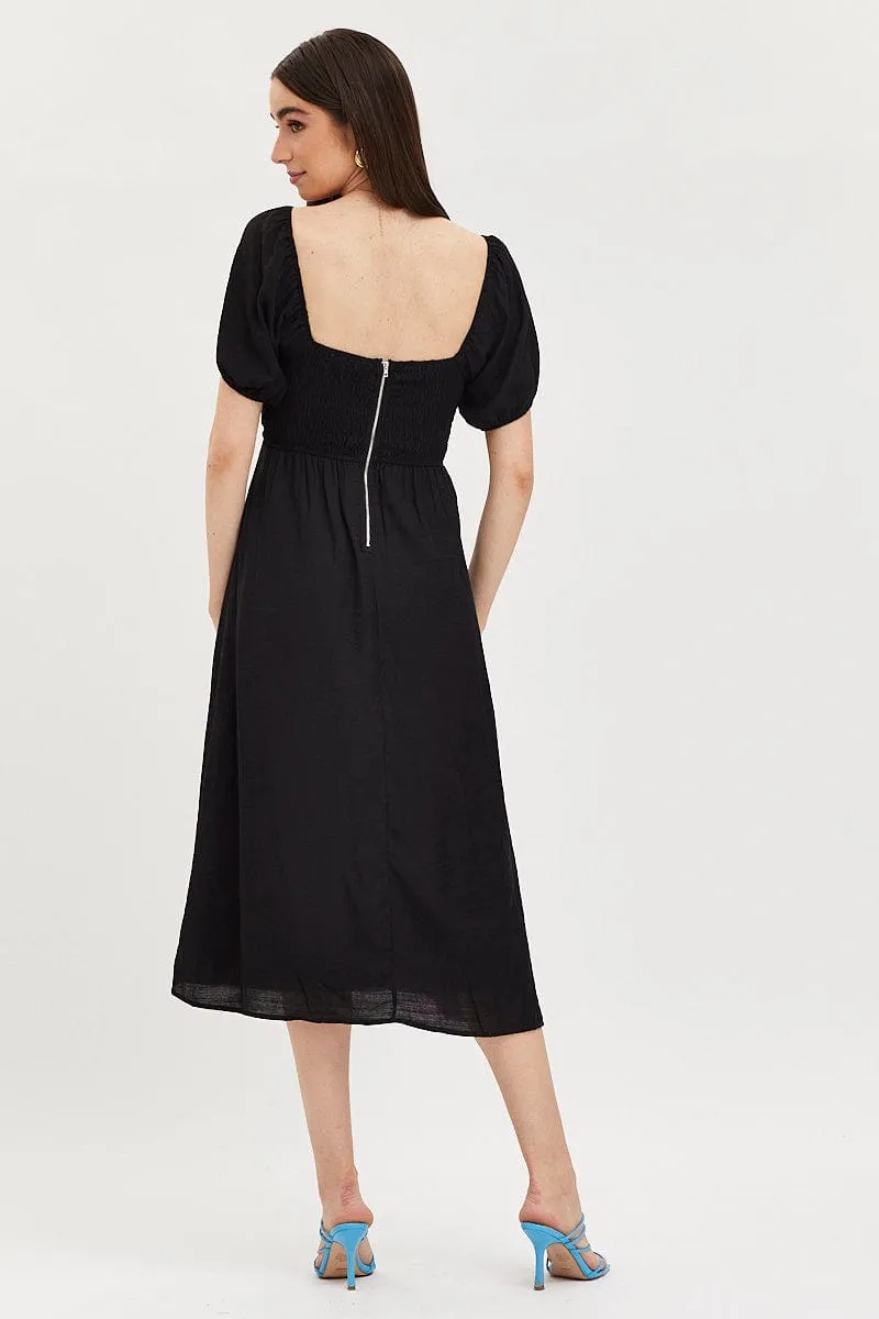 Black Midi Dress Evening Square Neck Soft drape summer gown Moonlit Shore