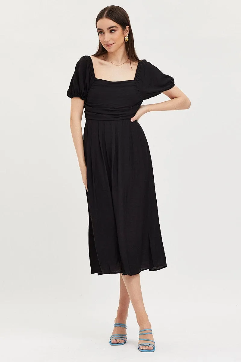 Mermaid Cut Black Midi Dress Evening Square Neck