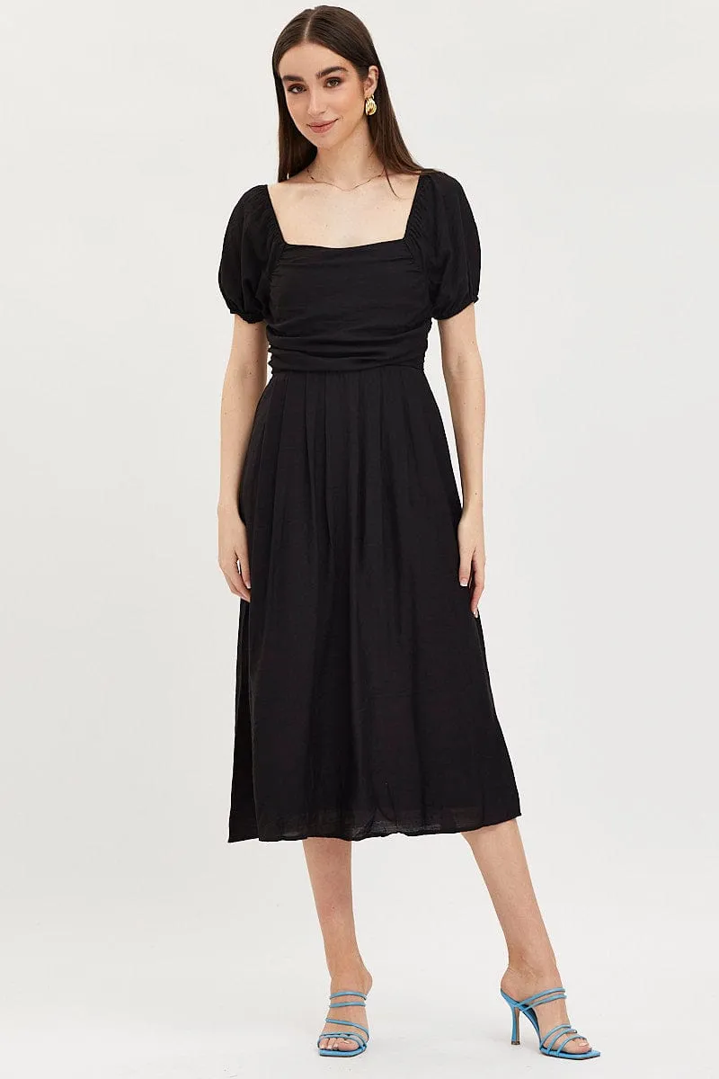 Poetic Move Black Midi Dress Evening Square Neck