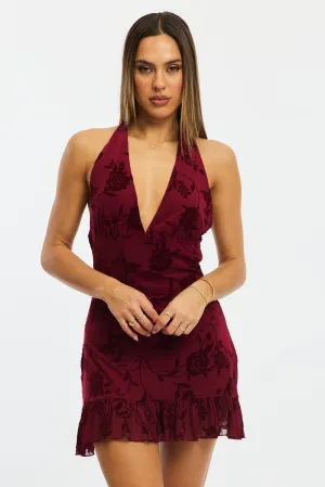 Night Edge Red Halter Neck Mini Dress Burnout