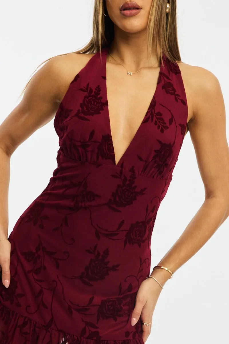 Red Halter Neck Mini Dress Burnout Party Snap