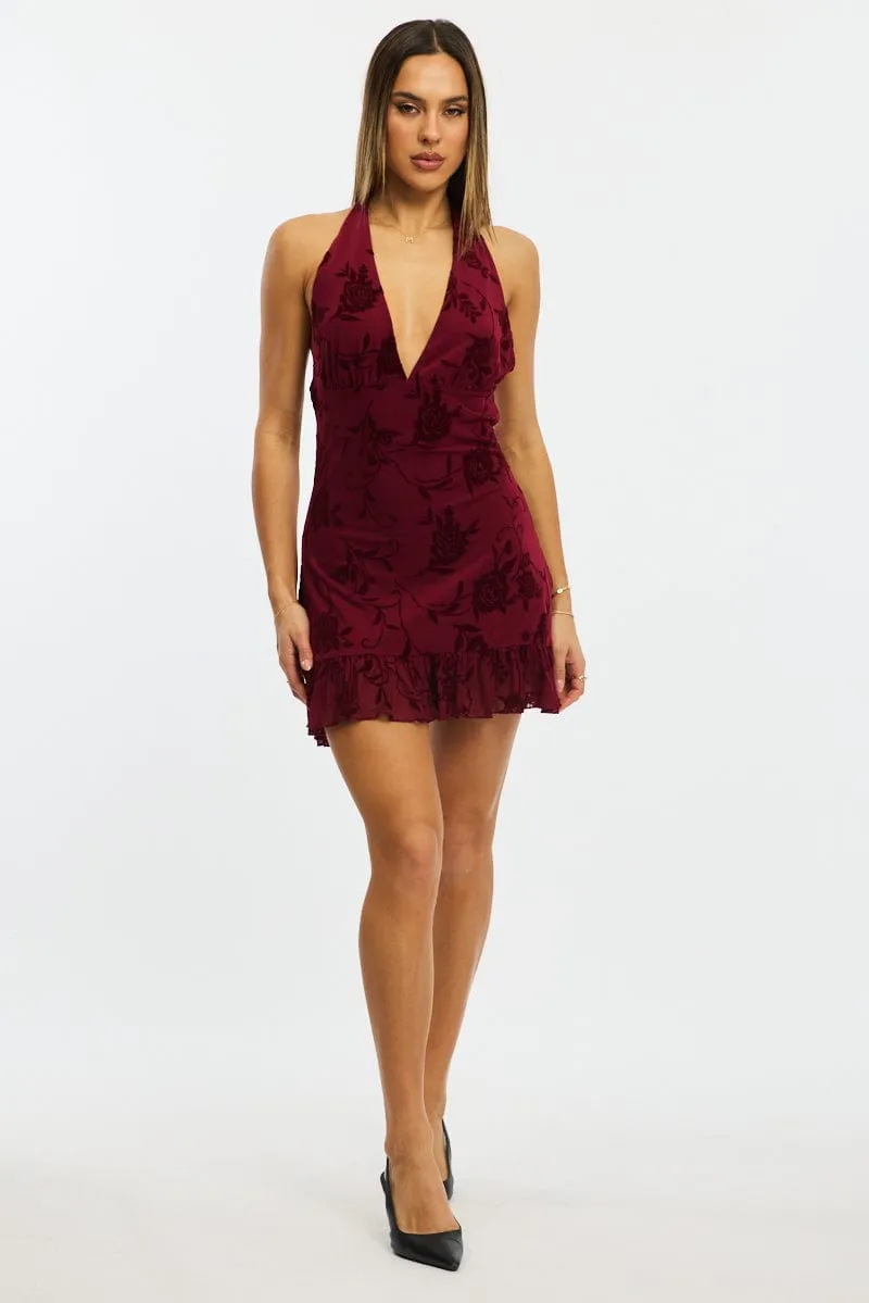 Temperature Regulating Red Halter Neck Mini Dress Burnout
