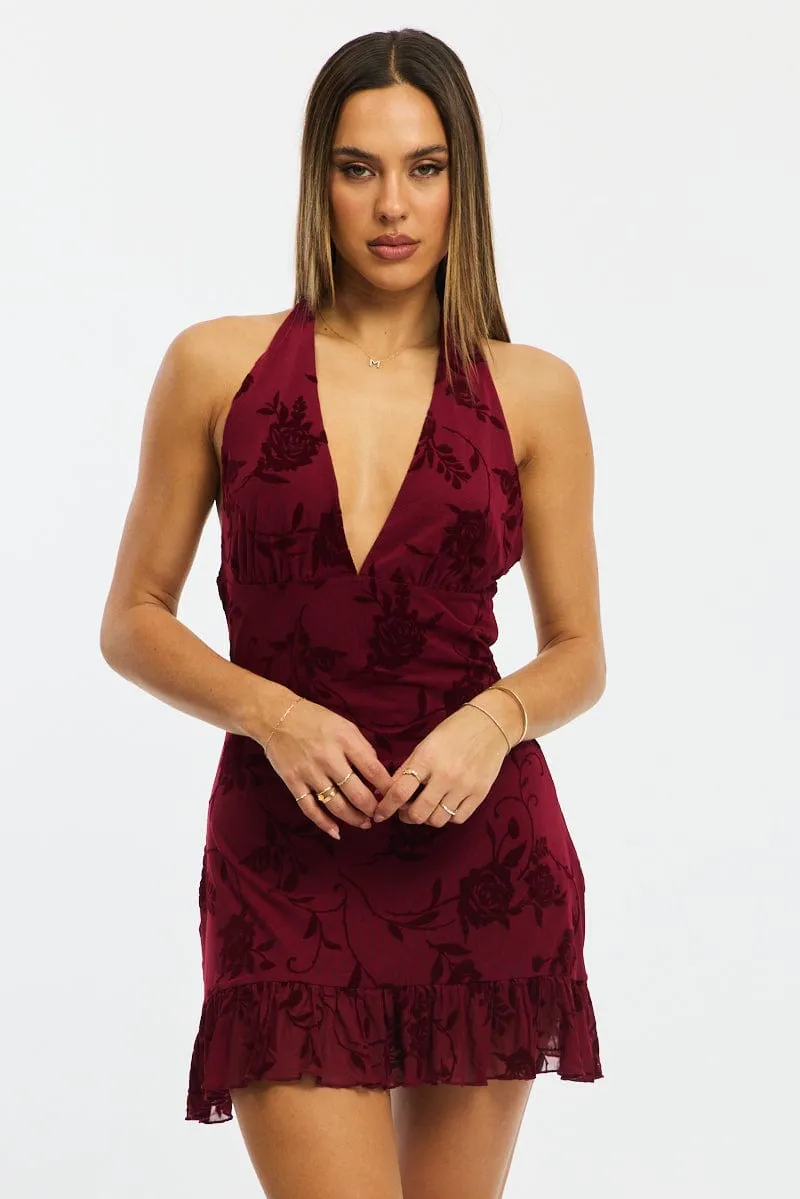 Night Edge Red Halter Neck Mini Dress Burnout