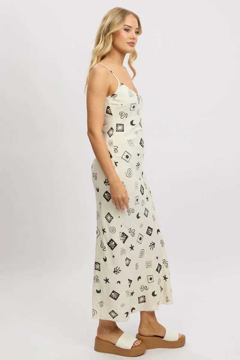 Linen Glow Evening Gold Beige Abstract Maxi Dress Bias Cut Linen Blend