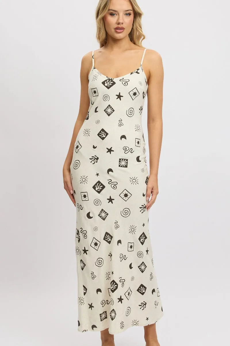 The versatile design of this maxi dress makes it perfect for a variety of occasions Beige Abstract Maxi Dress Bias Cut Linen Blend