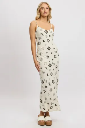 Beige Abstract Maxi Dress Bias Cut Linen Blend Bloom Arch
