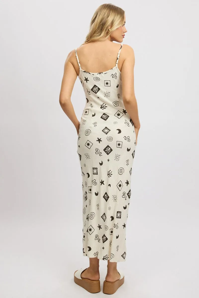 Boho Spirit Noon Light Beige Abstract Maxi Dress Bias Cut Linen Blend