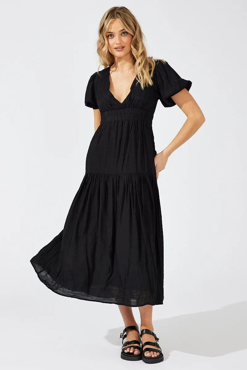 Leaf Dance Black Maxi Dress Puff Sleeve