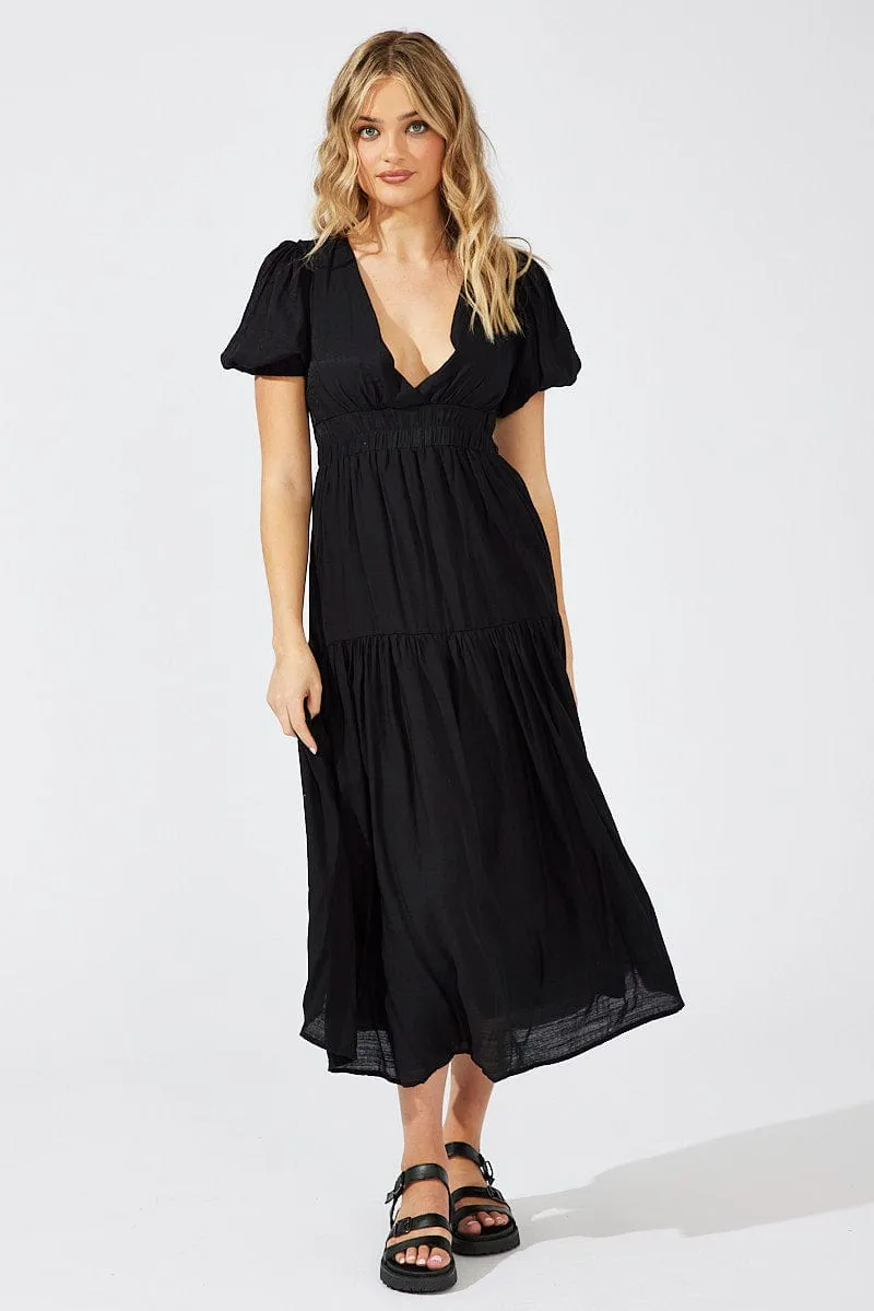 Black Maxi Dress Puff Sleeve Open Back Star Trail