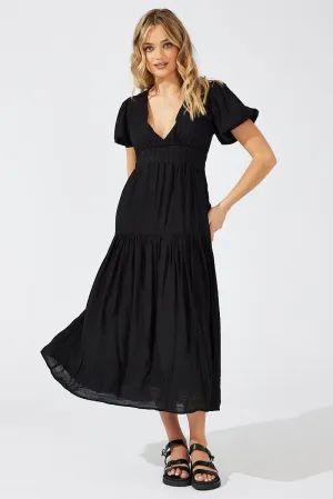 Leaf Dance Black Maxi Dress Puff Sleeve