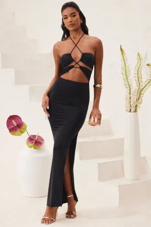 Blue Bay This dress is perfect for transitioning between seasons while still maintaining an elegant look Cut Out Halter Neck Floor Length Maxi Dress in Black
