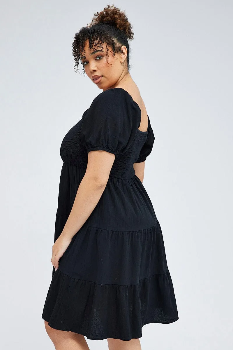 Black Mini Dress Tiered Shirred Bust Puff Sleeve Easy-care playful dress Layered Neckline