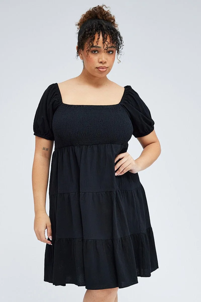 Trend Mode Black Mini Dress Tiered Shirred Bust Puff Sleeve