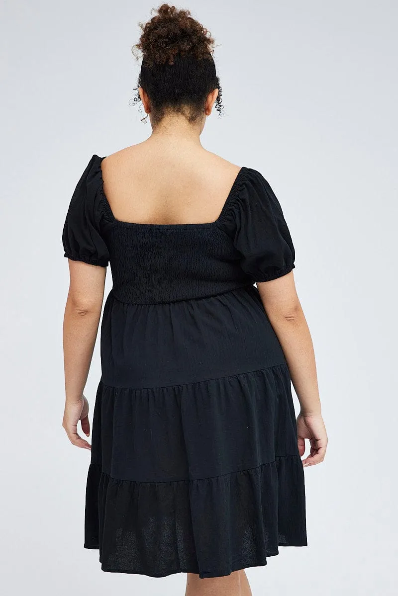 Black Mini Dress Tiered Shirred Bust Puff Sleeve Vibrant patterned mini Fashionable short dress for events